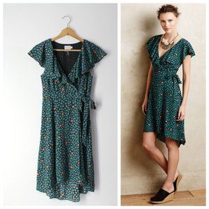 Anthropologie HD in Paris Dress Sz 0 Black Green Floral Faux Wrap ruffle V-neck